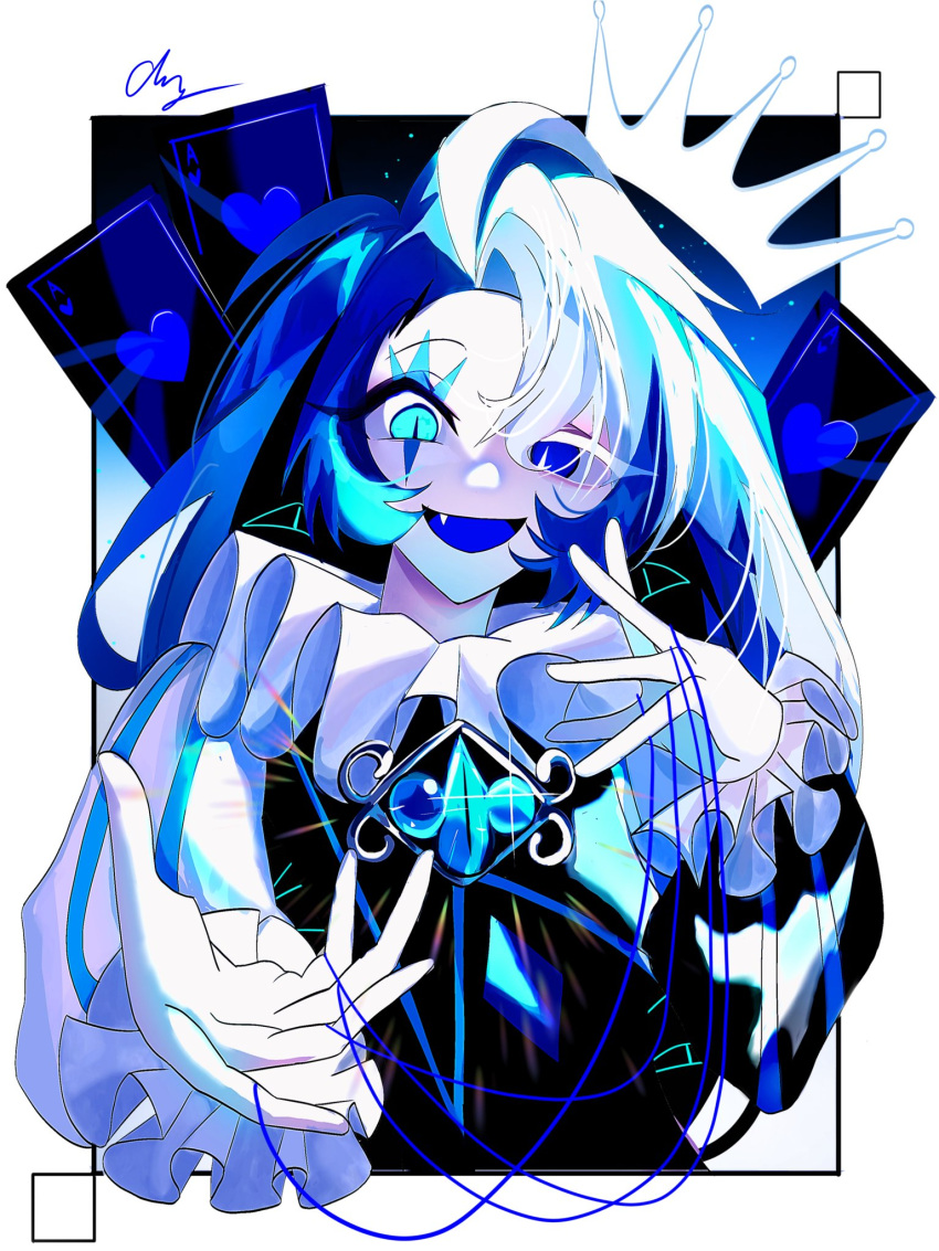 1boy, 1girl, blue_eyes, blue_hat, blue_skin, colored_skin, cookie_run, cookie_run:_kingdom, cosplay, eye_brooch, eye_print, hat, highres, humanization, jester, jester_cap, long_hair, long_sleeves, looking_at_viewer, male_focus, neck_ruff, ppung331420, puffy_long_sleeves, puffy_sleeves, shadow_milk_cookie, shadow_milk_cookie_(cosplay), simple_background, smile, solo, very_long_hair, white_hair