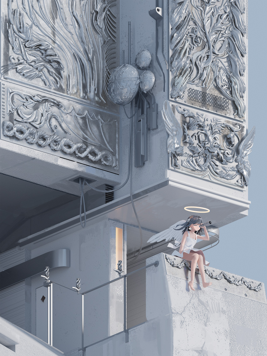 1girl, absurdres, airfish_(lefko_d), angel_wings, barefoot, black_hair, building, dress