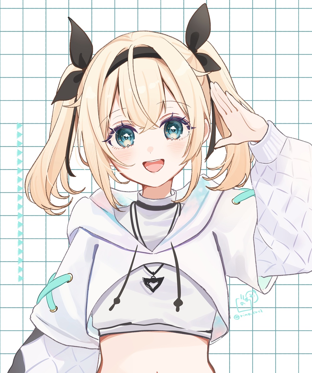 1girl, :d, arm_up, black_hairband, black_ribbon, blonde_hair, breasts, commentary_request, crop_top, cropped_hoodie, drawstring, green_eyes, grid_background, hair_between_eyes, hair_ribbon, hairband, hololive, hood, hood_down, hoodie, kazama_iroha, kazama_iroha_(pop_dance), layered_sleeves, long_sleeves, looking_at_viewer, puffy_long_sleeves, puffy_sleeves, ribbon, rino_cnc, shirt, short_over_long_sleeves, short_sleeves, small_breasts, smile, solo, twintails, upper_body, virtual_youtuber, white_hoodie, white_shirt