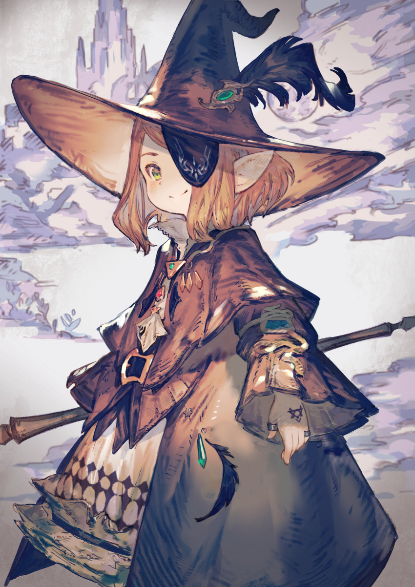 1girl, absurdres, bandages, black_mage_(final_fantasy), brooch, coat, crystal, dress