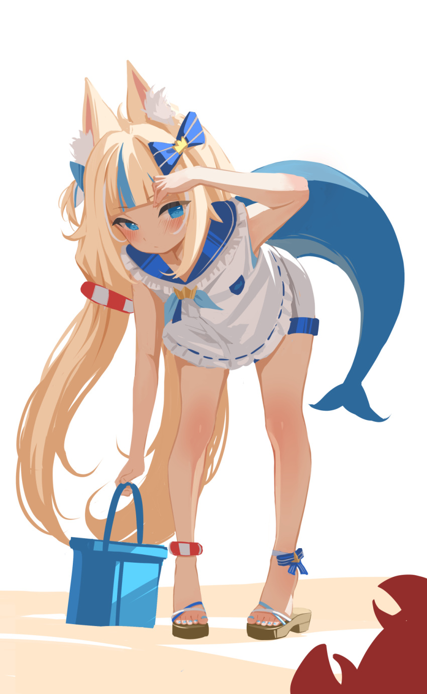 1girl, animal_ear_fluff, animal_ears, bent_over, blonde_hair, blue_eyes, blue_hair, blush