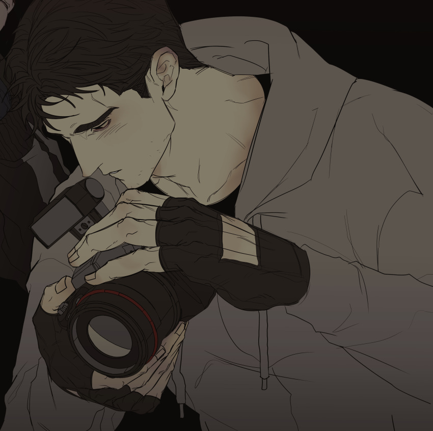 1boy, absurdres, bags_under_eyes, black_background, black_gloves, black_hair, bloodshot_eyes, camera