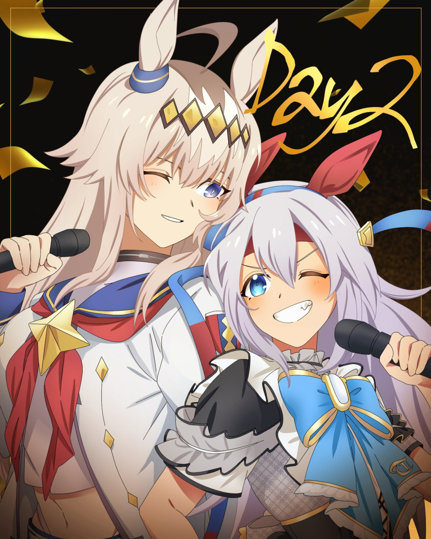 2girls, black_dress, blue_eyes, bow, bowtie, confetti, dress, grey_hair
