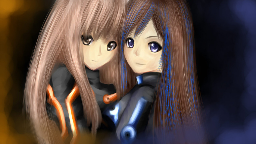 2girls, blonde_hair, blue_eyes, blue_hair, bodysuit, brown_eyes, brown_hair, daniellas-wife, long_hair, multicolored_hair, multiple_girls, smile, tron