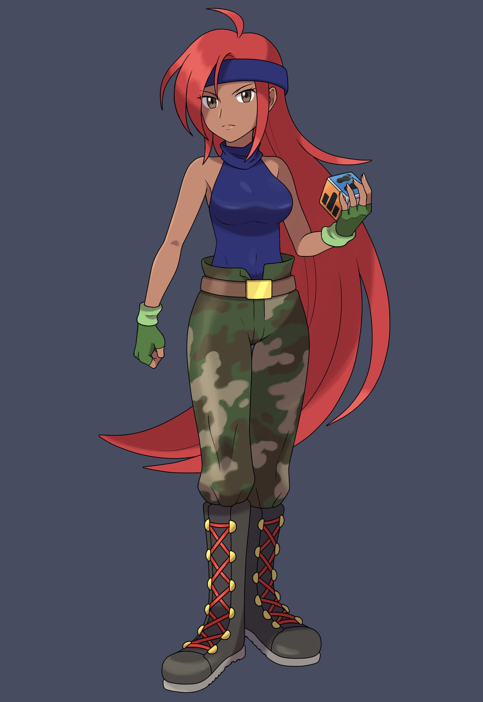 1girl, asatsuki_(fgfff), bare_shoulders, blue_headband, blue_shirt, boots, brown_eyes, camouflage