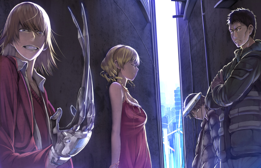 alley, bad_id, black_hair, blonde_hair, brown_hair, closed_eyes, dress, eyes_closed