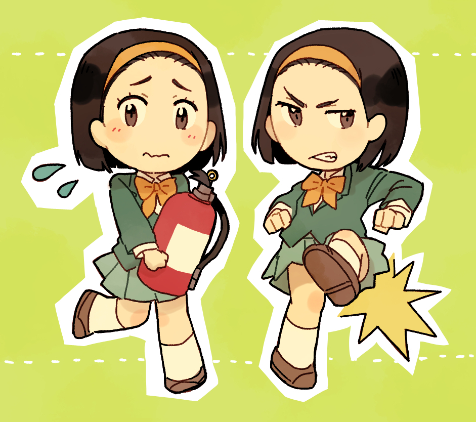 2girls, blush_stickers, bow, bowtie, brown_eyes, brown_hair, cham67726, clenched_teeth