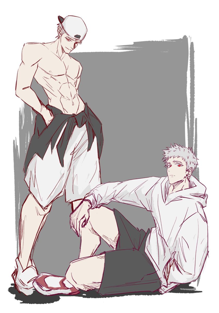 2boys, age_difference, black_hoodie, black_shorts, earrings, gold_earrings, grey_hair, hand_in_pocket