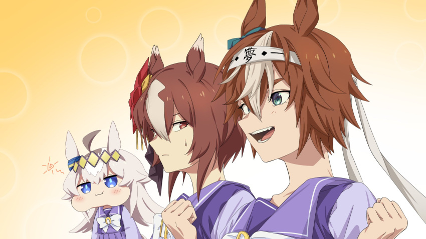 3girls, ahoge, animal_ears, bamboo_memory_(umamusume), blue_eyes, bow, bowtie, chibi