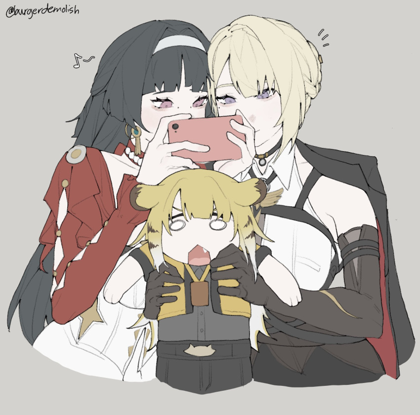 3girls, astra_yao, black_choker, black_gloves, black_hair, black_jacket, black_pants, blonde_hair