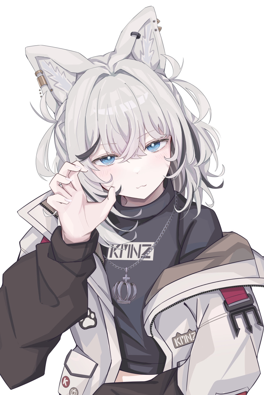 1girl, :3, absurdres, animal_ears, black_sweater, blue_eyes, chain, chain_necklace