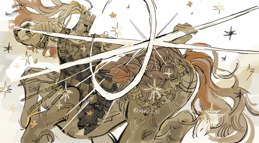 1boy, absurdres, armor, blood, blue_blood, bow_(weapon), centaur, cross, drawing_bow, elden_ring, elden_ring_nightreign, from_side, fulghor_(elden_ring), full_body, glowing, helmet, highres, holding, holding_bow_(weapon), holding_weapon, scale_armor, solo, sparkle, taur, weapon, white_background, yashiki_(gh0st_5010)