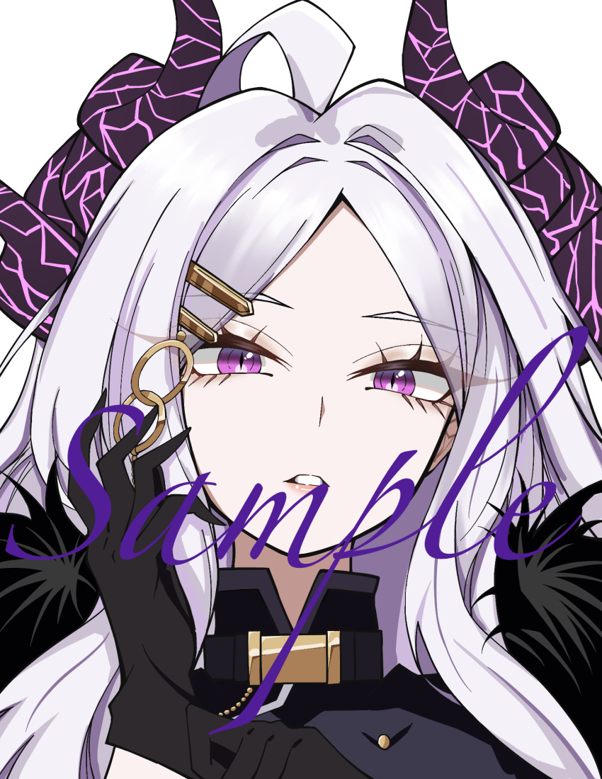 1girl, ahoge, black_coat, black_gloves, blue_archive, coat, coat_on_shoulders, demon_girl, demon_horns, gloves, highres, hina_(blue_archive), horns, long_hair, looking_at_viewer, meowlin, open_mouth, simple_background, solo, violet_eyes, white_background, white_hair