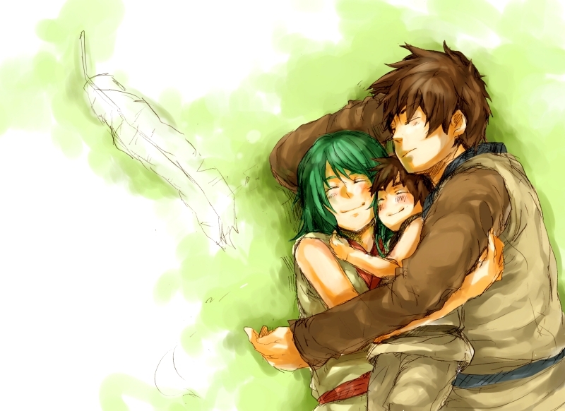 blush, brown_hair, closed_eyes, couple, erin, eyes_closed, face_to_face, family, feathers, gogoroku, grass, green_hair, happy, hug, hug_from_behind, ia-lu, jesh, kemono_no_souja_erin, short_hair, sleeping, smile