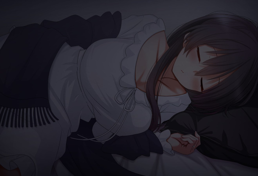 1girl, bed, black_hair, blush, breasts, closed_eyes, closed_mouth, commission