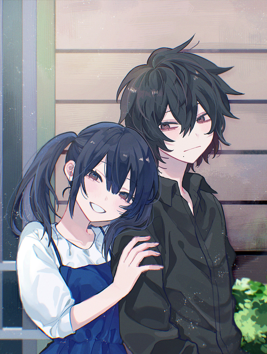 1boy, 1girl, :/, alternate_universe, anoko_(darenokoanoko), black_hair, black_jacket, blue_dress