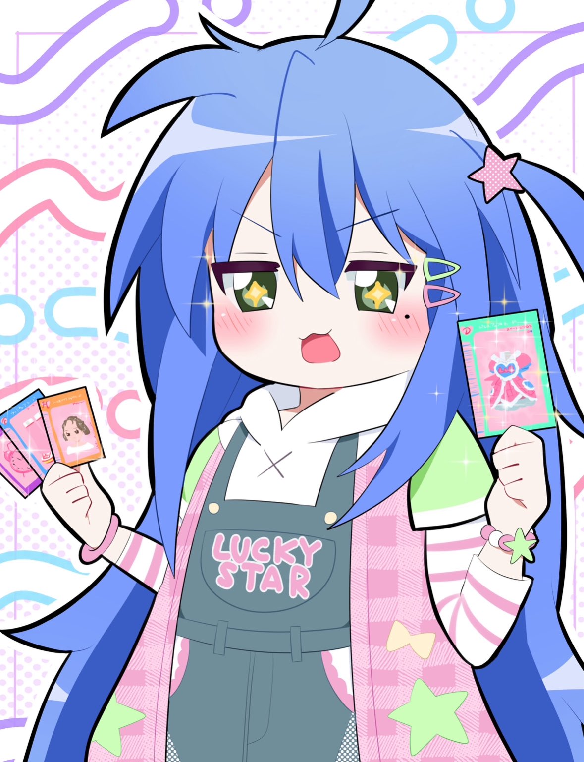 1girl, ben-day_dots, blue_hair, blush, bow, bracelet, card, commentary_request
