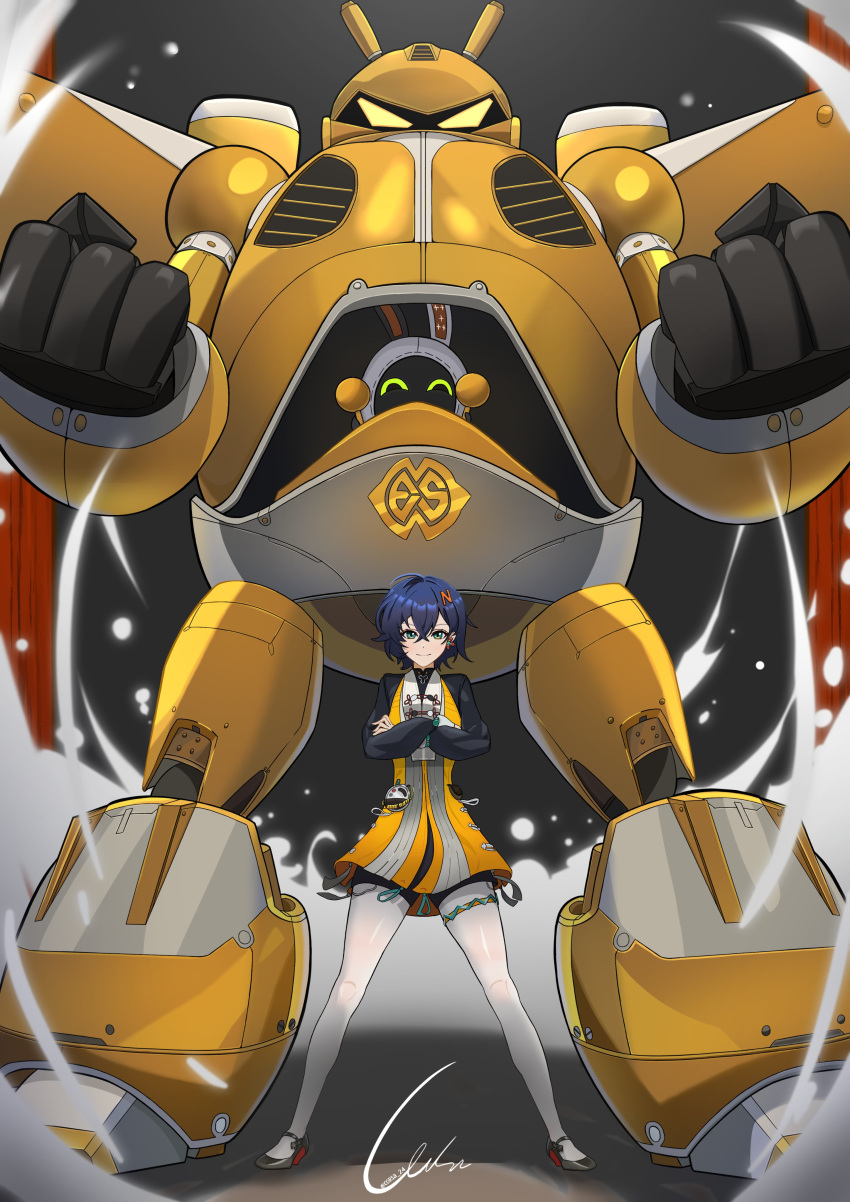 1girl, absurdres, bangboo_(zenless_zone_zero), belle_(delicate_sunlight)_(zenless_zone_zero), belle_(zenless_zone_zero), blue_hair, corsa_24, cross, crossed_bangs, dress, dress_over_shirt, earrings, eous_(zenless_zone_zero), green_eyes, hair_ornament, high_heels, highres, jewelry, letter_hair_ornament, long_sleeves, mecha, orange_dress, pantyhose, robot, single_earring, smile, standing, white_pantyhose, zenless_zone_zero