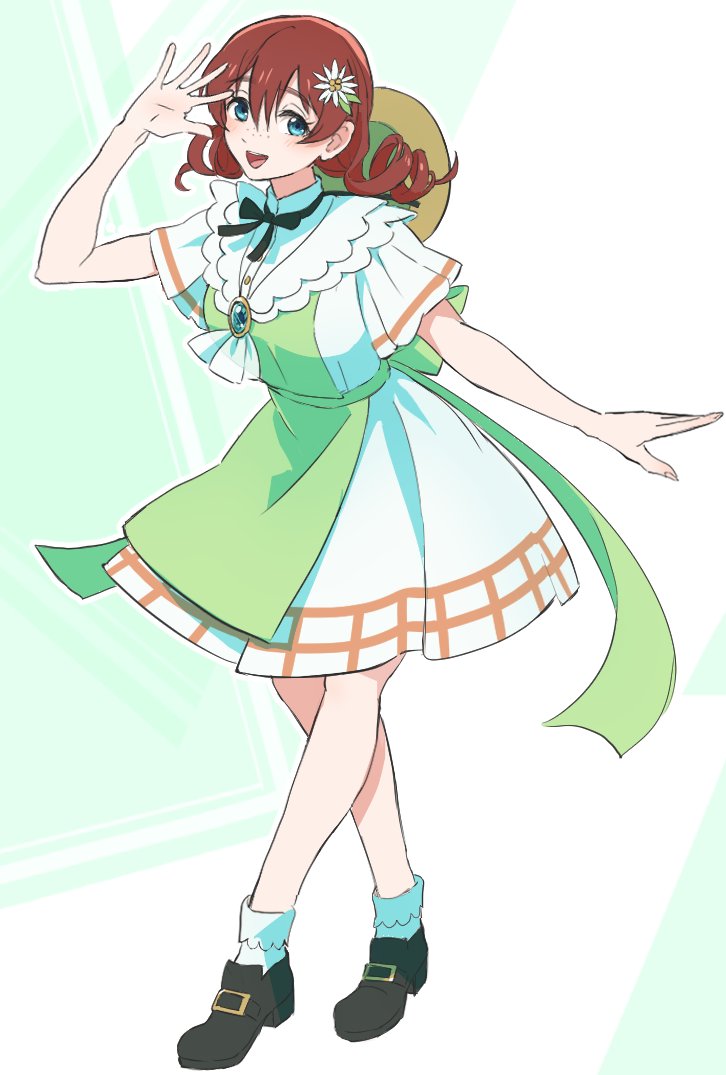 1girl, arm_up, back_bow, blue_eyes, blush, bow, breasts, brooch