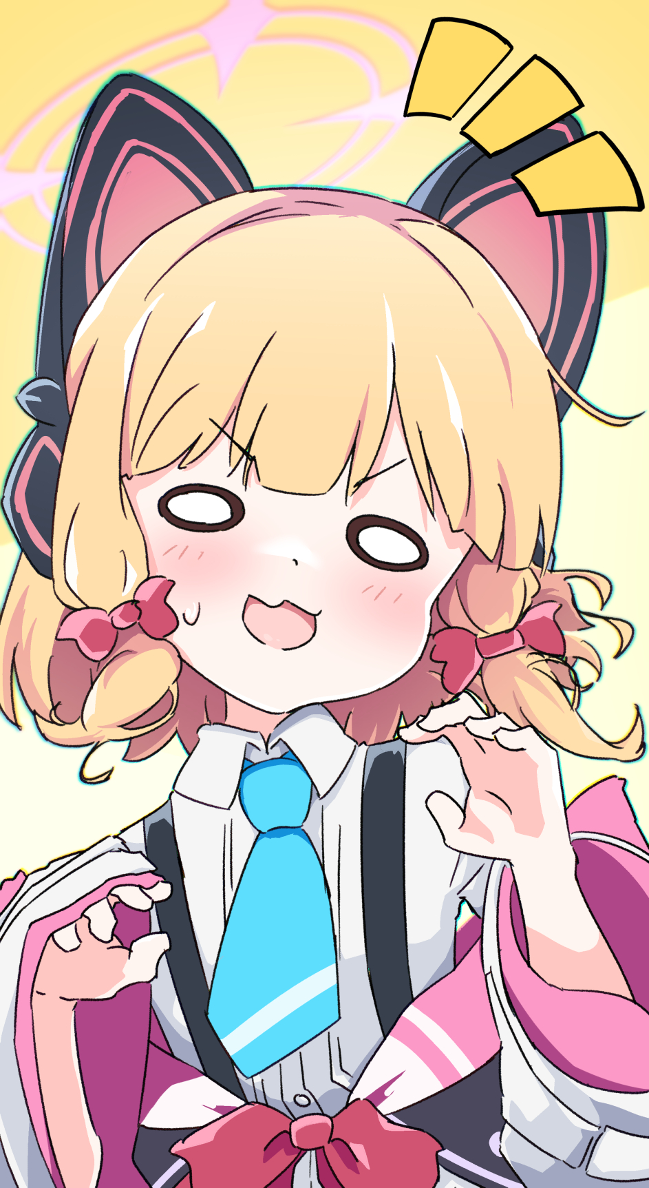 1girl, animal_ear_headphones, animal_ears, aqua_necktie, blonde_hair, blue_archive, blush, bow