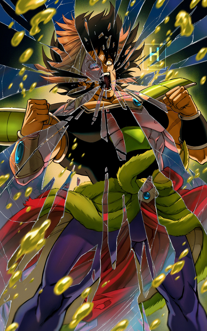 absurdres, armor, black_hair, blue_eyes, bracer, broly_(dragon_ball_super), broly_(dragon_ball_z), cracked_screen, dragon_ball, dragon_ball_super, dragon_ball_super_broly, dragon_ball_z, dual_persona, highres, hydeover9000, muscular, muscular_male, open_mouth, pelt, saiyan_armor, screaming, shoulder_armor, spiky_hair, super_saiyan, waist_cape, yellow_eyes