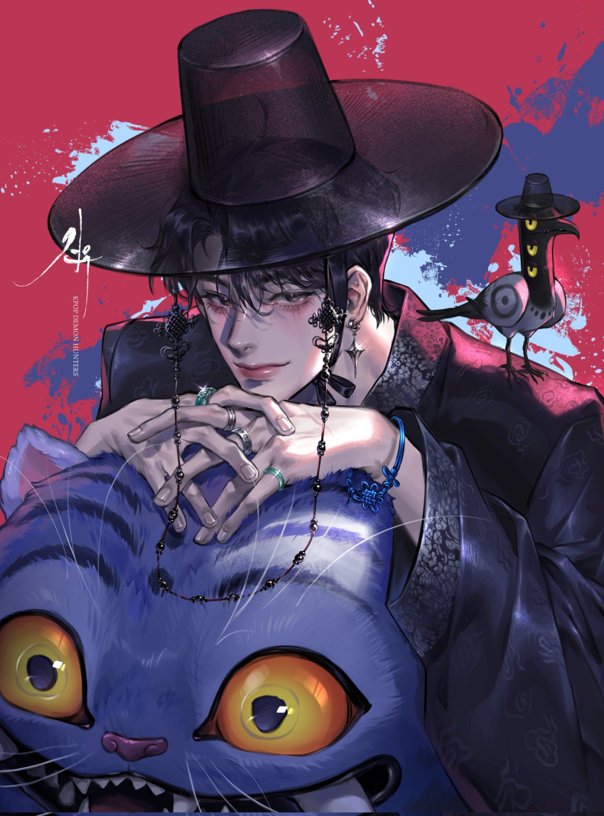 1boy, 2others, black_hair, black_hanbok, blue_fur, derpy_(kpop_demon_hunters), earrings, extra_eyes
