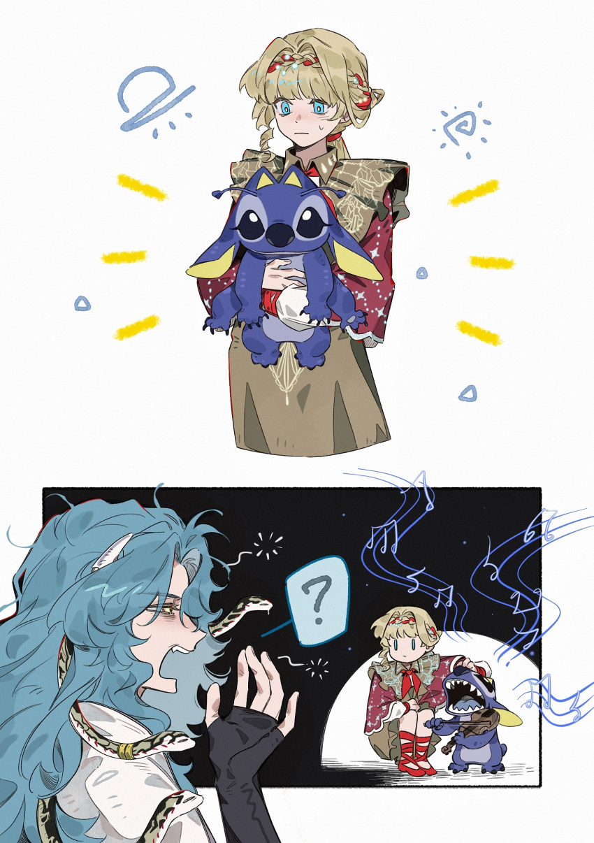 ?, absurdres, alien, beamed_eighth_notes, blonde_hair, blue_eyes, blue_hair, bow_(music)