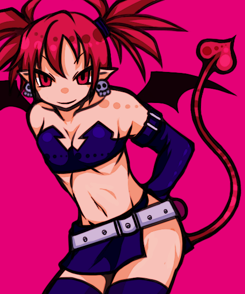 belt, demon_girl, demon_tail, demon_wings, disgaea, earrings, elbow_gloves, etna, face, flat_chest, gloves, jewelry, midriff, nagare26, navel, nippon_ichi, pointy_ears, red_eyes, red_hair, redhead, short_hair, skirt, skull, smile, solo, tail, tail_raised, thighhighs, twintails, wings