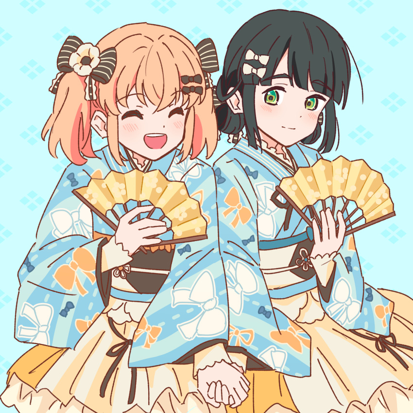 2girls, 37.5c_no_fantasy, :d, ^_^, black_hair, black_sash, blue_background, blue_kimono