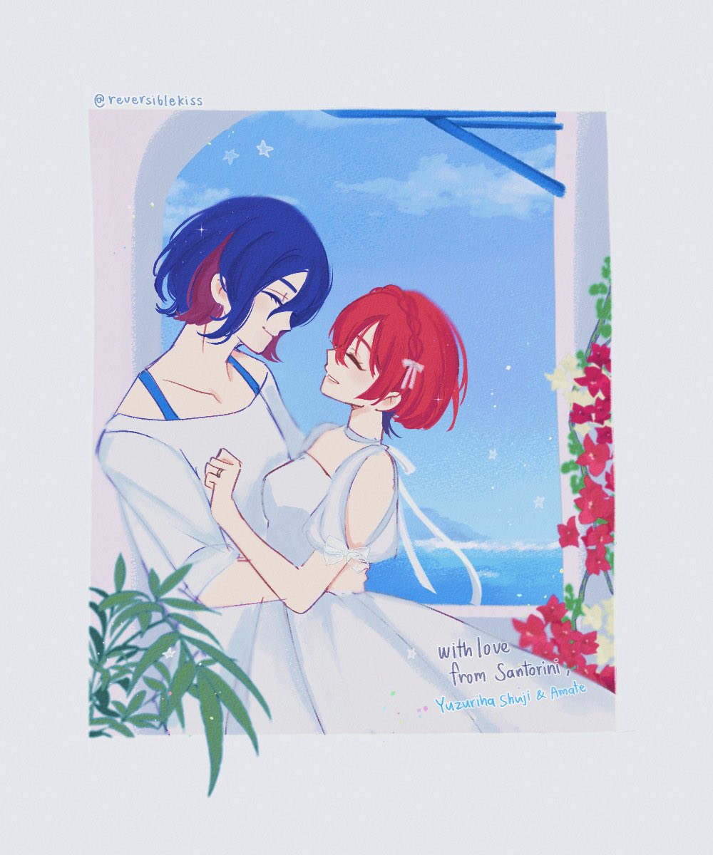 1boy, 1girl, amate_yuzuriha, blue_hair, blue_sky, closed_eyes, clouds, colored_inner_hair