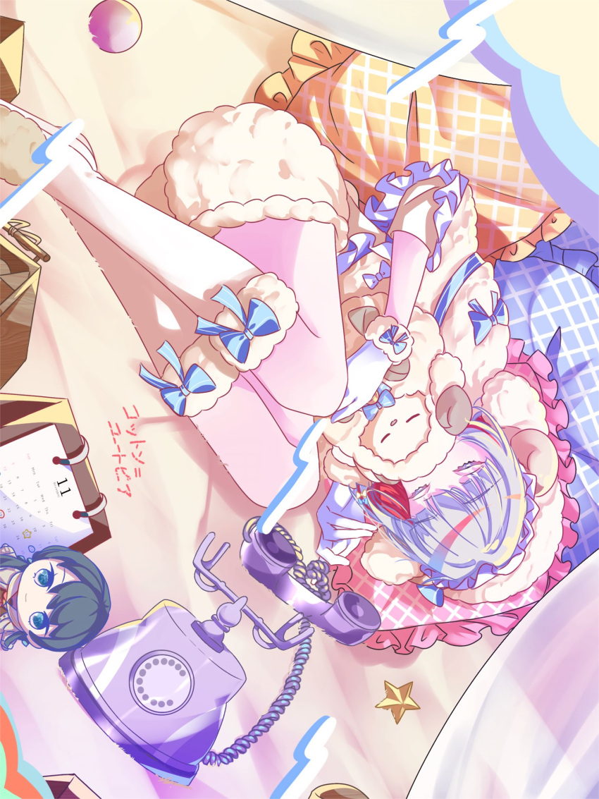 1girl, black_hair, blue_bow, blue_eyes, bow, bow_legwear, calendar_(object), capelet