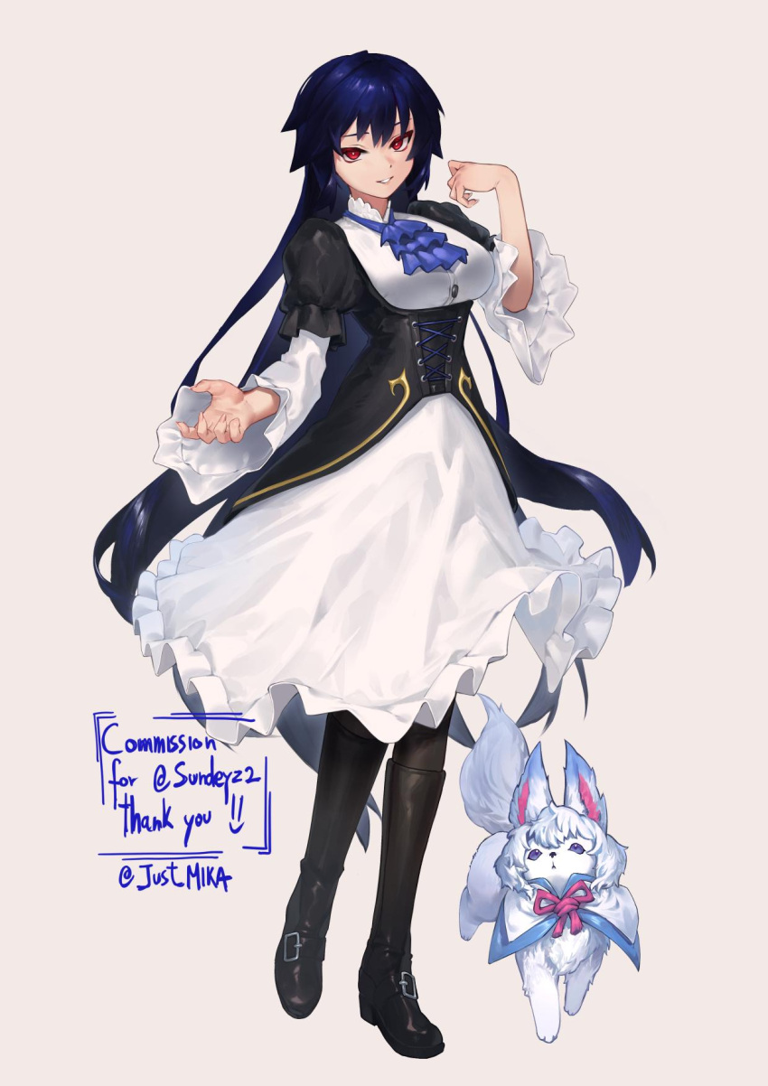 1girl, altrouge_brunestud, black_dress, black_hair, blue_ribbon, breasts, corset, creature, dress, fate/grand_order, fate_(series), fou_(fate), highres, long_hair, long_sleeves, medium_breasts, mkrk_mikaerukung, puffy_sleeves, red_eyes, ribbon, simple_background, smile, tsukihime, tsukihime_(remake), type-moon, vampire, very_long_hair, violet_eyes, white_background