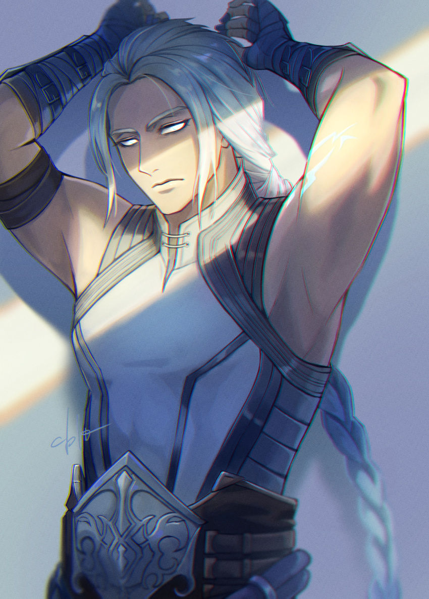 1boy, arms_up, braid, crack_of_light, frown, fujin_(mortal_kombat), glowing, glowing_eyes