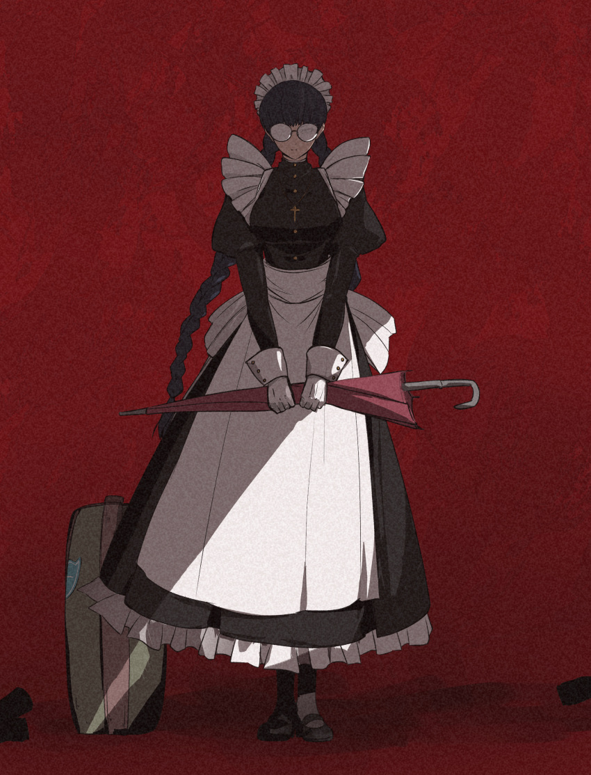 absurdres, apron, black_dress, black_hair, black_lagoon, braid, closed_umbrella, commentary_request