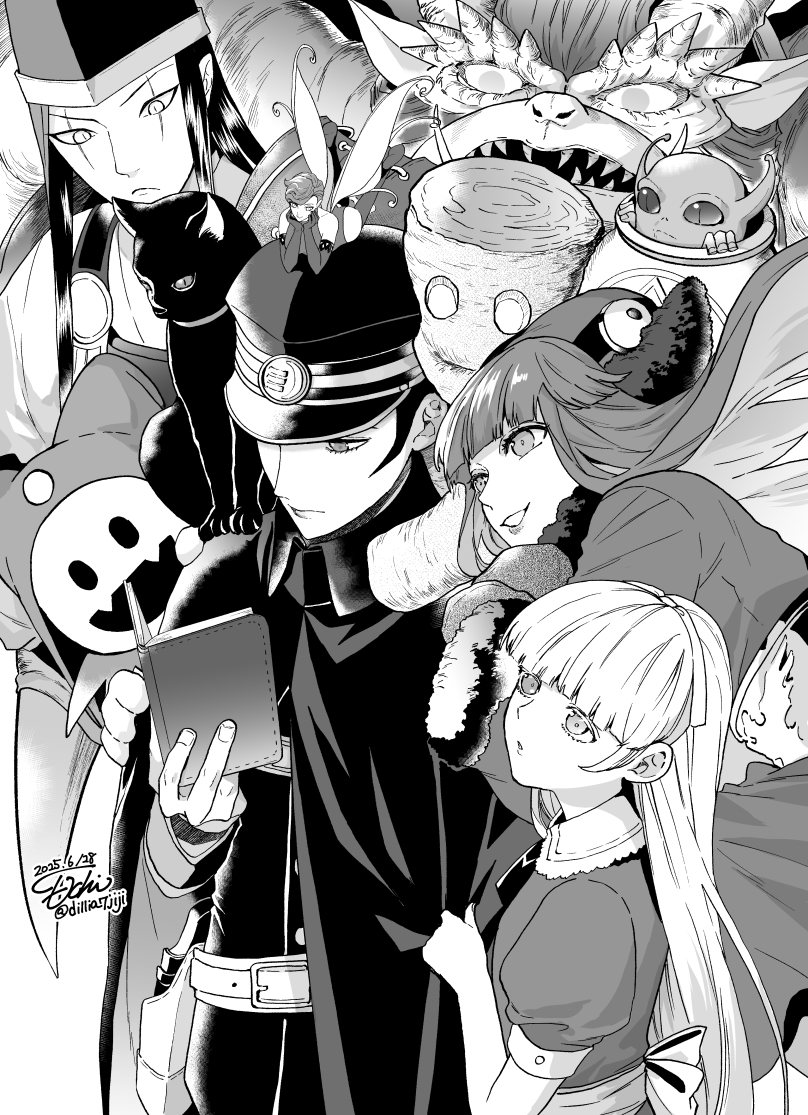 2boys, 3girls, :o, agathion_(megami_tensei), alice_(megami_tensei), cat, cloak, demon_(megami_tensei)