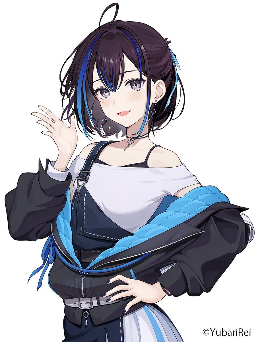 1girl, ahoge, belt, belt_buckle, black_hair, black_jacket, black_nails, blue_hair