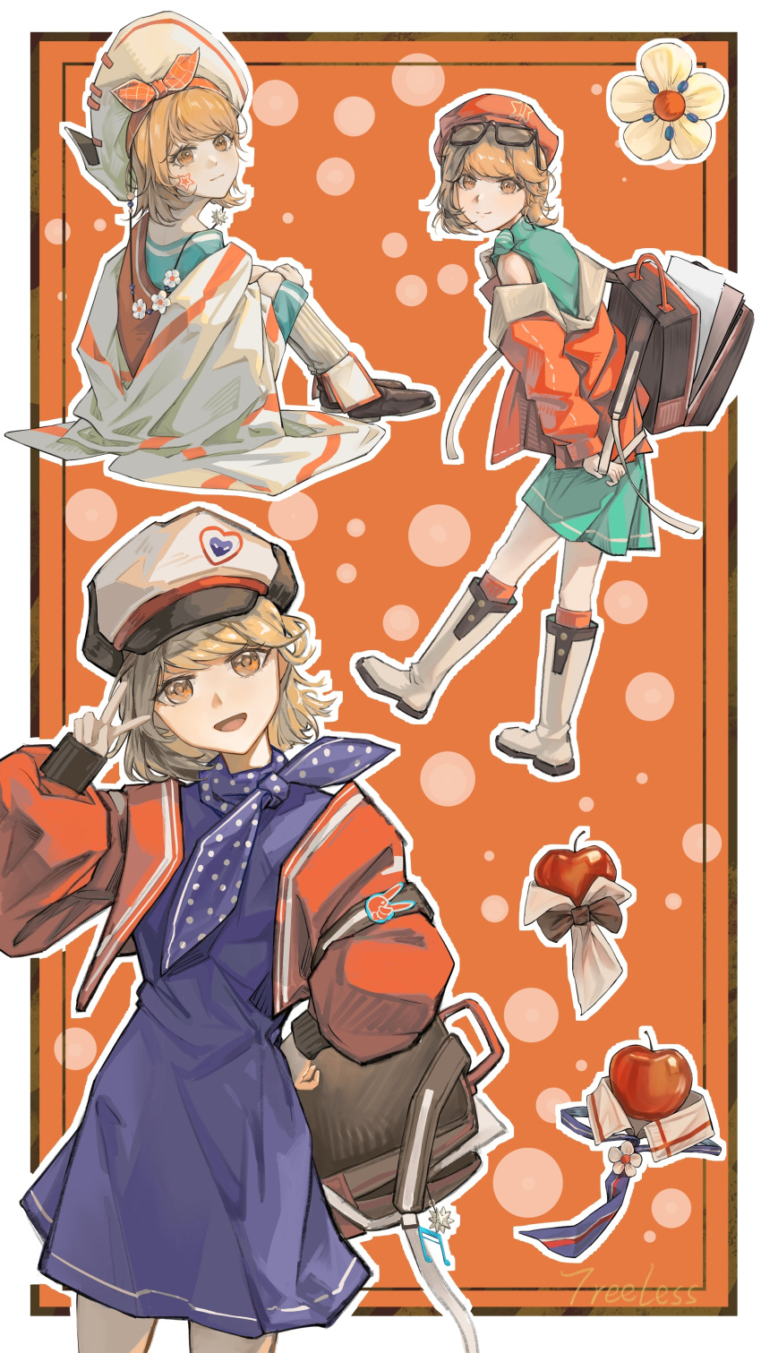 1girl, :d, absurdres, ankle_boots, apple, apple_(reverse:1999), aqua_dress, aqua_shirt
