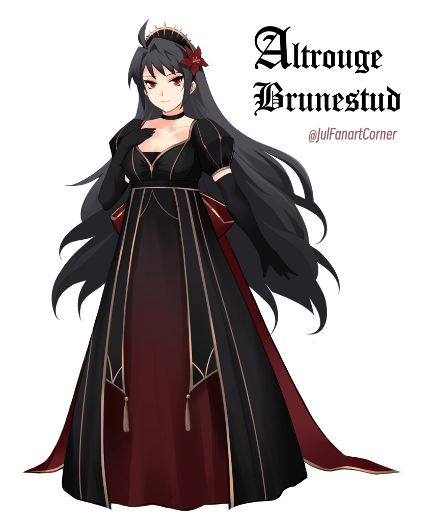 1girl, alternate_design, altrouge_brunestud, artist_name, black_choker, black_dress, black_gloves, black_hair