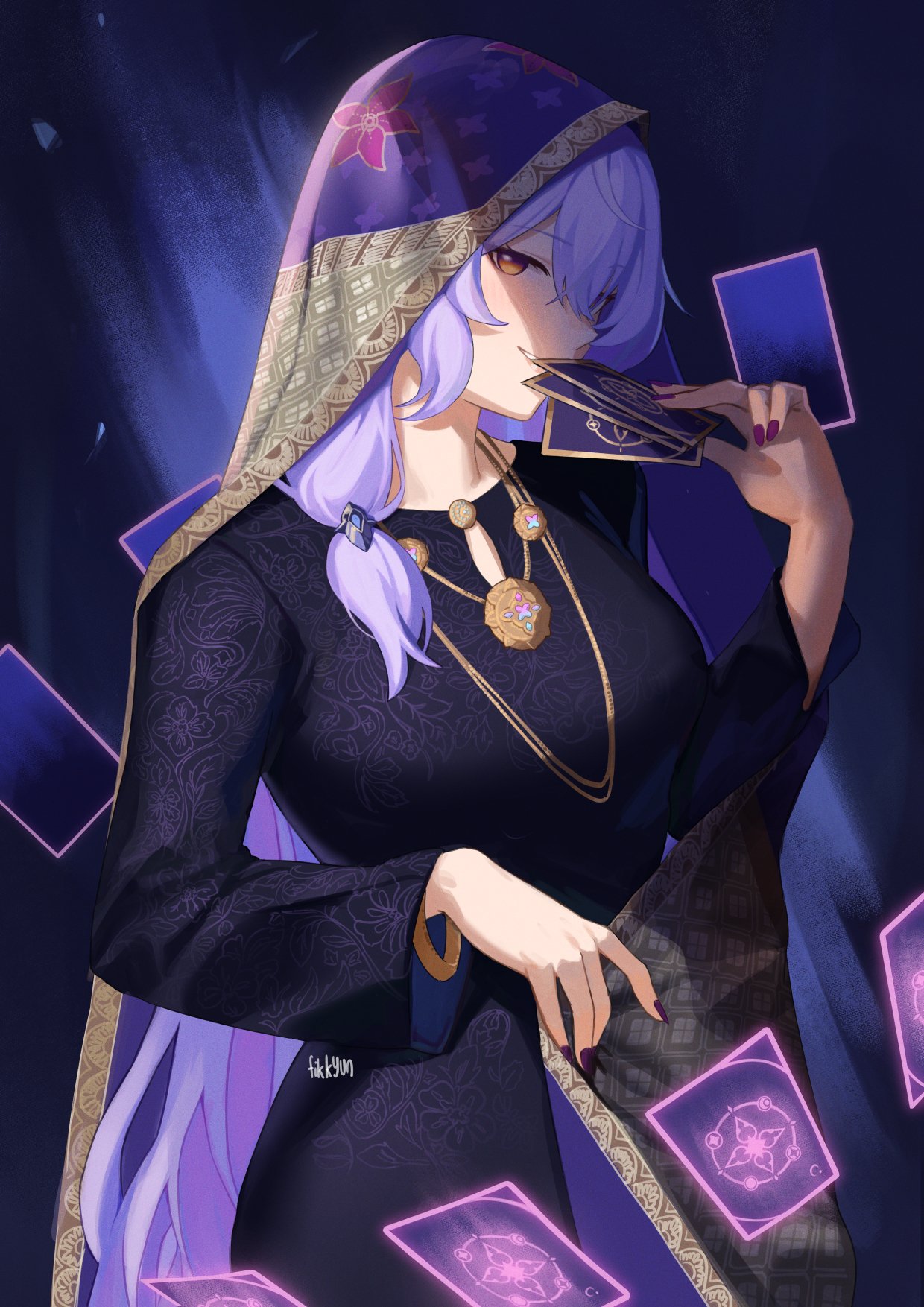 1girl, baju_kurung, black_shirt, black_swan_(honkai:_star_rail), breasts, card, fikkyun, floral_print