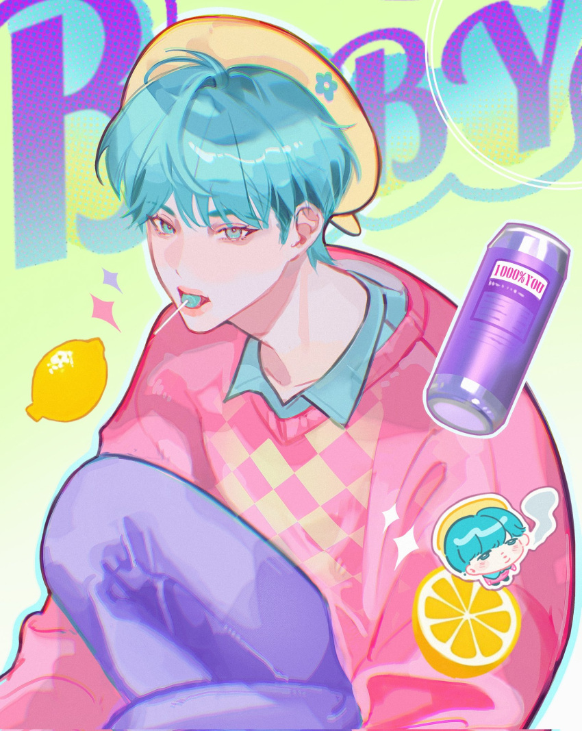 1boy, aegyo_sal, aqua_eyes, aqua_hair, aqua_shirt, baby_(kpop_demon_hunters), chibi, collarbone, cup, disposable_cup, english_text, eyes_visible_through_hair, food, food_in_mouth, fruit, hair_over_eyes, hat, highres, kpop_demon_hunters, lemon, lemon_slice, lips, looking_at_viewer, luxu804, male_focus, open_mouth, pants, pink_sweater, purple_pants, shirt, short_hair, sitting, solo, sweater, upper_body, yellow_hat