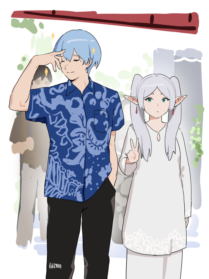 1boy, 1girl, baju_kurung, batik, black_pants, blue_hair, blue_shirt, elf