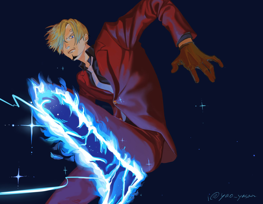 1boy, absurdres, artist_name, blue_fire, curly_eyebrows, diable_jambe, facial_hair, fire