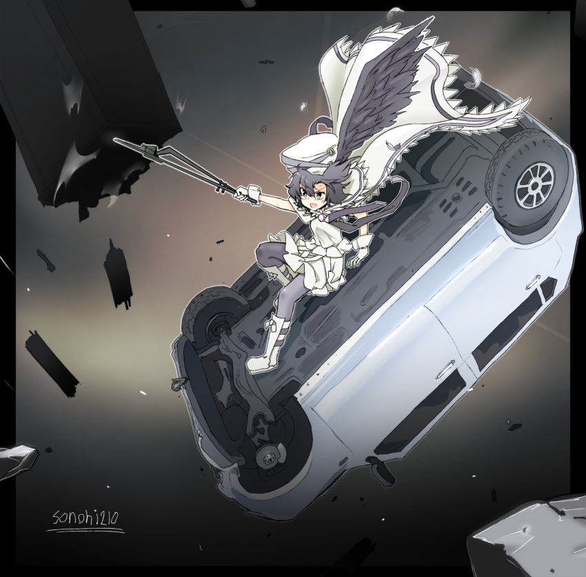 1girl, asako_koito, car, debris, destruction, gloves, grey_eyes, grey_hair