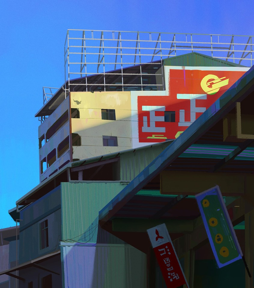 angelasungart, apartment, banner, blue_sky, building, corrugated_galvanized_iron_sheet, day, house