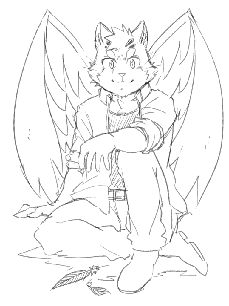 1boy, animal_ears, cat_boy, cat_ears, closed_mouth, commentary_request, feathered_wings, feathers, furry, furry_male, gegegenomin, hatching_(texture), linear_hatching, looking_at_viewer, male_focus, sitri_(housamo), sitting, smile, tokyo_afterschool_summoners, whiskers, wings