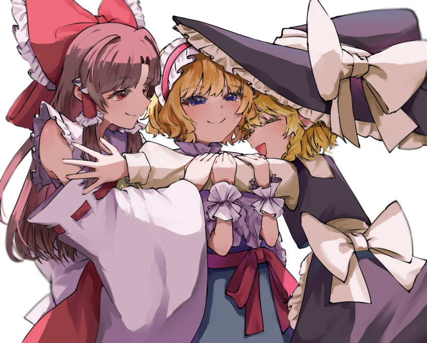 3girls, alice_margatroid, apron, ascot, back_bow, black_hat, black_skirt, black_vest