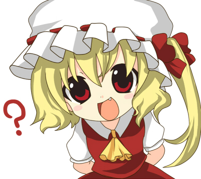 ?, arms_behind_back, blonde_hair, bust, curious, fang, flandre_scarlet, hat