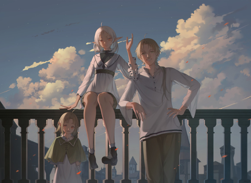 1boy, 2girls, against_railing, ahoge, black_boots, boots, capelet, child