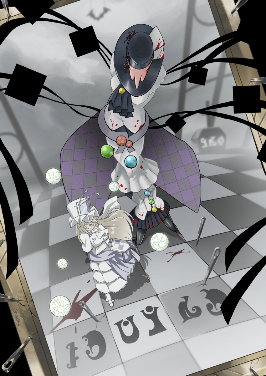 1girl, absurdres, checkered_floor, dress, guyca_braves, highres, latria_(madoka_magica), long_hair