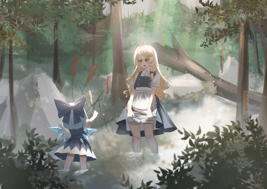 2girls, :d, absurdres, black_bow, blonde_hair, bloomers, blue_bow, blue_hair